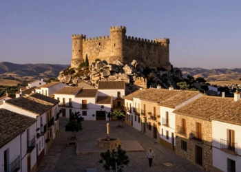 Castillo medieval en lo alto de un pueblo de Murcia con casas encaladas y calles empedradas al atardecer