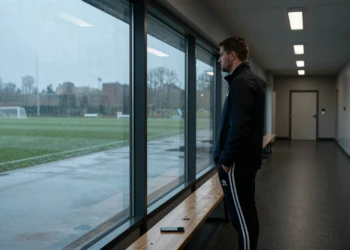 Futbolista de espaldas en corredor deportivo mirando campo vacío bajo lluvia, con un móvil boca abajo en un banco cercano