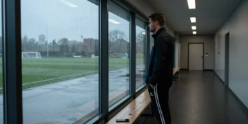 Futbolista de espaldas en corredor deportivo mirando campo vacío bajo lluvia, con un móvil boca abajo en un banco cercano