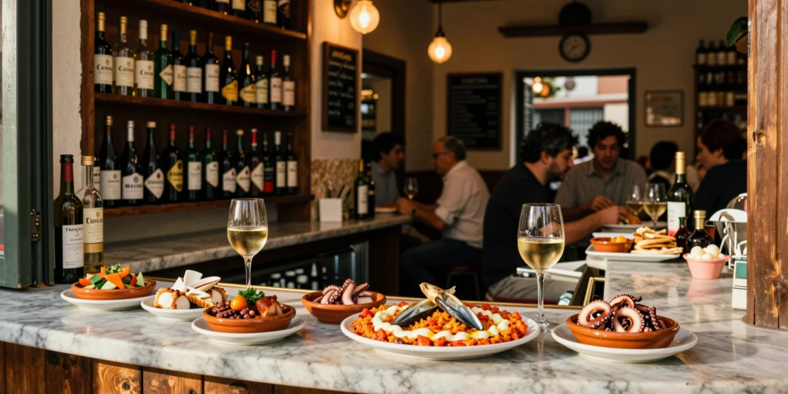 Barra de bodega centenaria en Cartagena con tapas tradicionales: marinera con anchoa, pulpo y vino local
