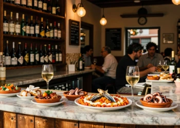 Barra de bodega centenaria en Cartagena con tapas tradicionales: marinera con anchoa, pulpo y vino local