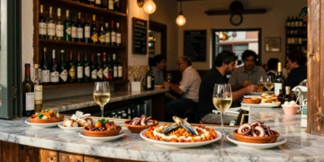 Barra de bodega centenaria en Cartagena con tapas tradicionales: marinera con anchoa, pulpo y vino local