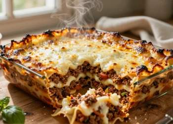 Lasaña de carne casera recién horneada con capas de ragú boloñés, bechamel dorada y queso gratinado
