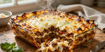 Lasaña de carne casera recién horneada con capas de ragú boloñés, bechamel dorada y queso gratinado