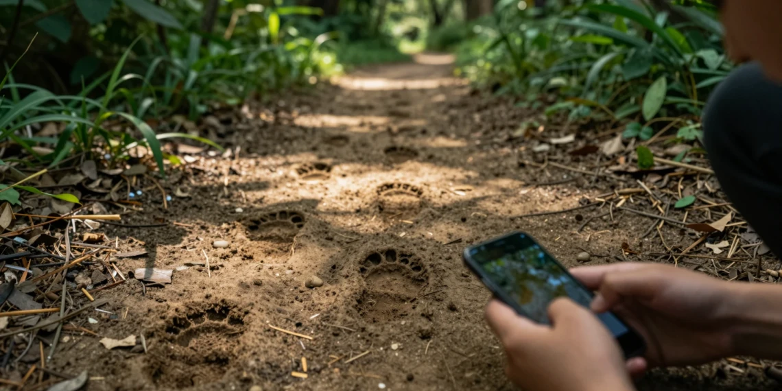 Manos sosteniendo un móvil sobre huellas de animales en el suelo de un parque natural, rodeadas de vegetación verde
