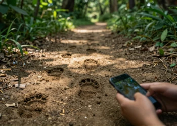 Manos sosteniendo un móvil sobre huellas de animales en el suelo de un parque natural, rodeadas de vegetación verde