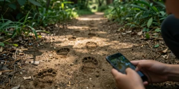 Manos sosteniendo un móvil sobre huellas de animales en el suelo de un parque natural, rodeadas de vegetación verde