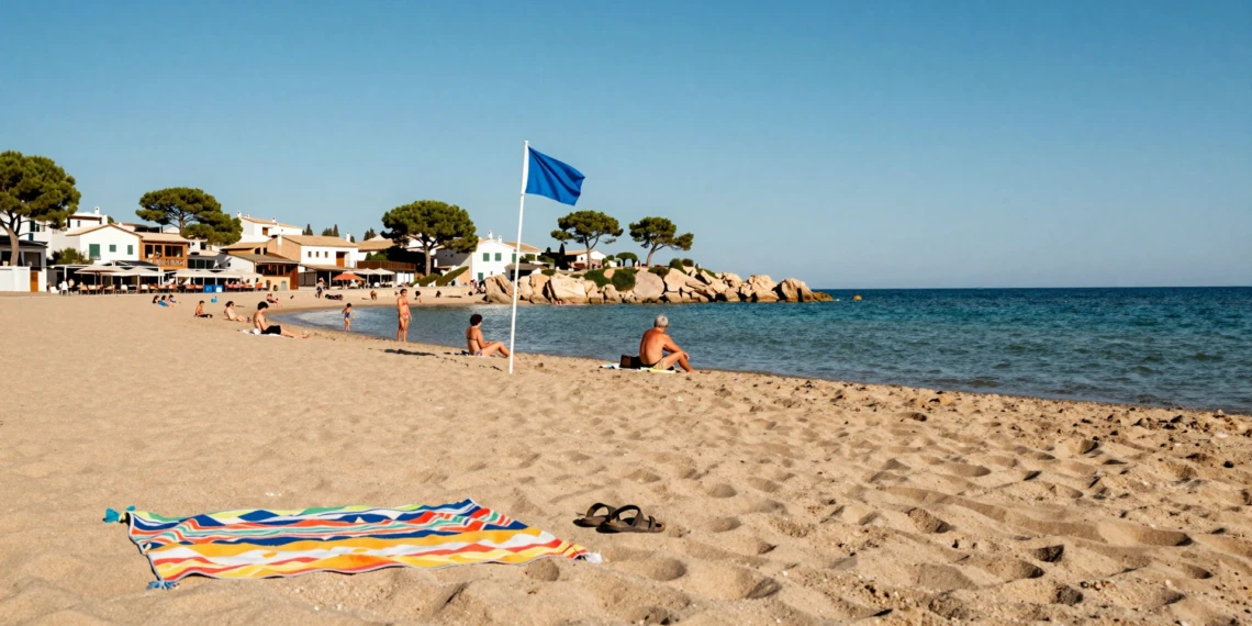 Playa tranquila con bandera azul en Dehesa de Campoamor, Alicante, con agua turquesa y arena dorada en agosto