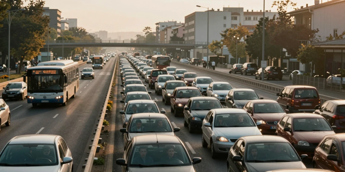 Autopista española en hora punta con coches atascados y carril bus-VAO fluido al amanecer