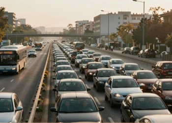 Autopista española en hora punta con coches atascados y carril bus-VAO fluido al amanecer