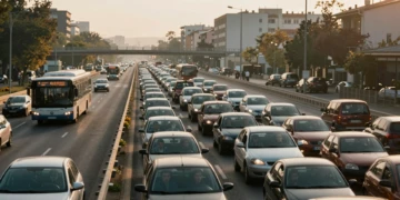 Autopista española en hora punta con coches atascados y carril bus-VAO fluido al amanecer