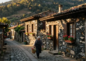 Callejón empedrado en aldea de esquisto portuguesa con mujer mayor, macetas de geranios y muros de piedra oscura al atardecer