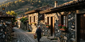 Callejón empedrado en aldea de esquisto portuguesa con mujer mayor, macetas de geranios y muros de piedra oscura al atardecer