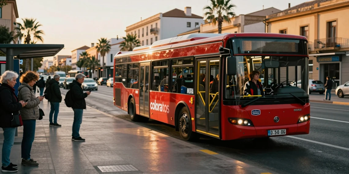 Autobús urbano articulado rojo "colorao" de Murcia recogiendo pasajeros en una parada concurrida al amanecer
