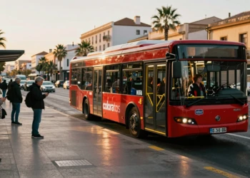 Autobús urbano articulado rojo "colorao" de Murcia recogiendo pasajeros en una parada concurrida al amanecer