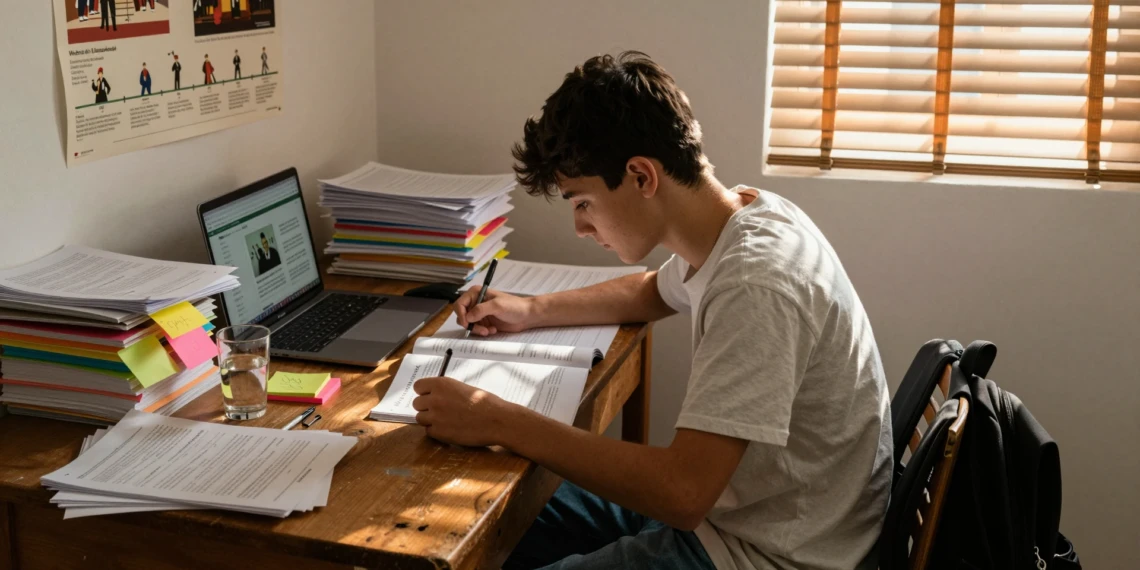Estudiante español de 17 años estudiando Historia de España para la PAU de Murcia con libros y modelos de examen resueltos