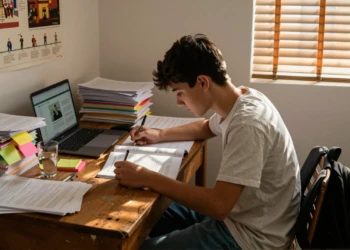 Estudiante español de 17 años estudiando Historia de España para la PAU de Murcia con libros y modelos de examen resueltos