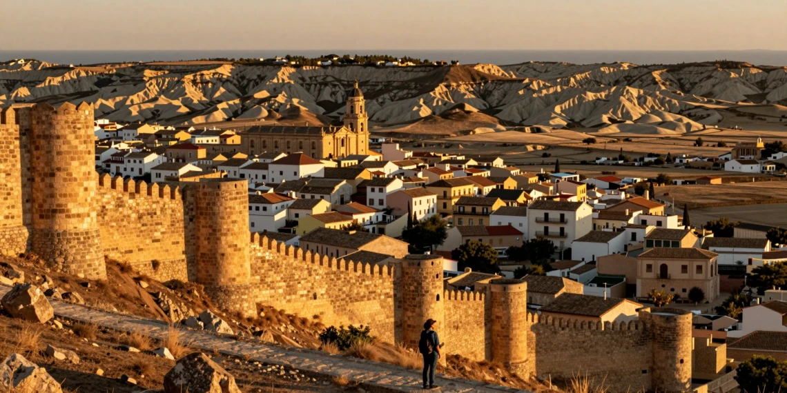 Viajero contemplando paisaje de Murcia al atardecer con castillo medieval, pueblo histórico y costa mediterránea