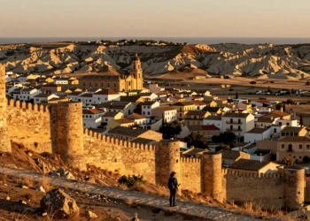 Viajero contemplando paisaje de Murcia al atardecer con castillo medieval, pueblo histórico y costa mediterránea